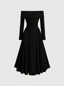 Sweetra Elegant Women's Long Dress, Beige Ribbed Flared Sleeve One-Shoulder Ruched Waist Design Maxi Women Outfit - Black - View 1