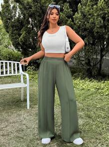 SHEIN EZwear 大码女式纯色松紧腰宽松休闲裤 - 橄欖綠 - 查看 6