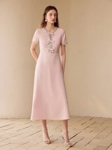 MOTF PREMIUM 对比色蝴蝶结装饰连衣裙 - 粉色 - 查看 7