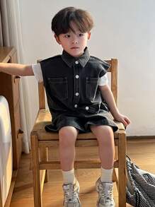 DAZY 2pcs/Set Toddler Boys Front Button Short Sleeve Pocket Casual Top And Denim Shorts Set