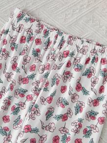 2pcs/Set Young Girl' Cute Rabbit & Floral Cartoon Graphic Comfy Short Sleeve Top And Pants Sleepwear Set - Pink - View 3