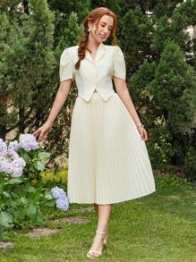 SHEIN WESTFADE Young Teen Girl Double-Breasted Ruffle Sleeve Short Jacket And Ruched Mid-Length Skirt 2 Pieces Set