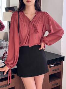 DAZY 优雅通勤夏季上衣，纯色宽松系带长袖女式衬衫学院风上衣 - 紅色 - 查看 3