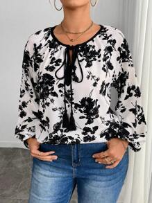 SHEIN LUNE 大码女式纯色花卉印花系带领撞色边灯笼袖休闲度假日常百搭衬衫