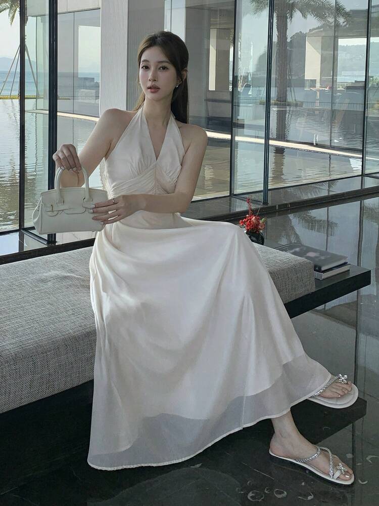 Women's Solid Color Midi Casual Dress, Minimalist Fashion For Everyday Wear Summer Sundress