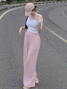 DAZY Women's Solid Color Off-Shoulder Short Sleeve Cropped White T-Shirt, Spring/Summer,Off Shoulder Top - White - View 2