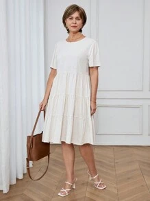 SHEIN LUNE Gaun Pendek Wanita Warna Polos dengan Leher Bulat dan Hem Berumbai - Aprikot - View 6