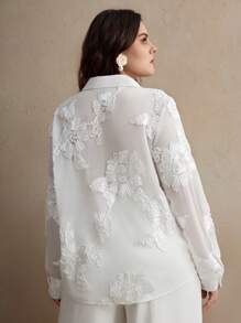 Anewsta قميص فرنسي كلاسيكي للنساء مطرز بالأزهار الشفاف بأحجام كبيرة أبيض بأكمام طويلة لإطلالات الربيع للنساء - أبيض - مشاهدة 2