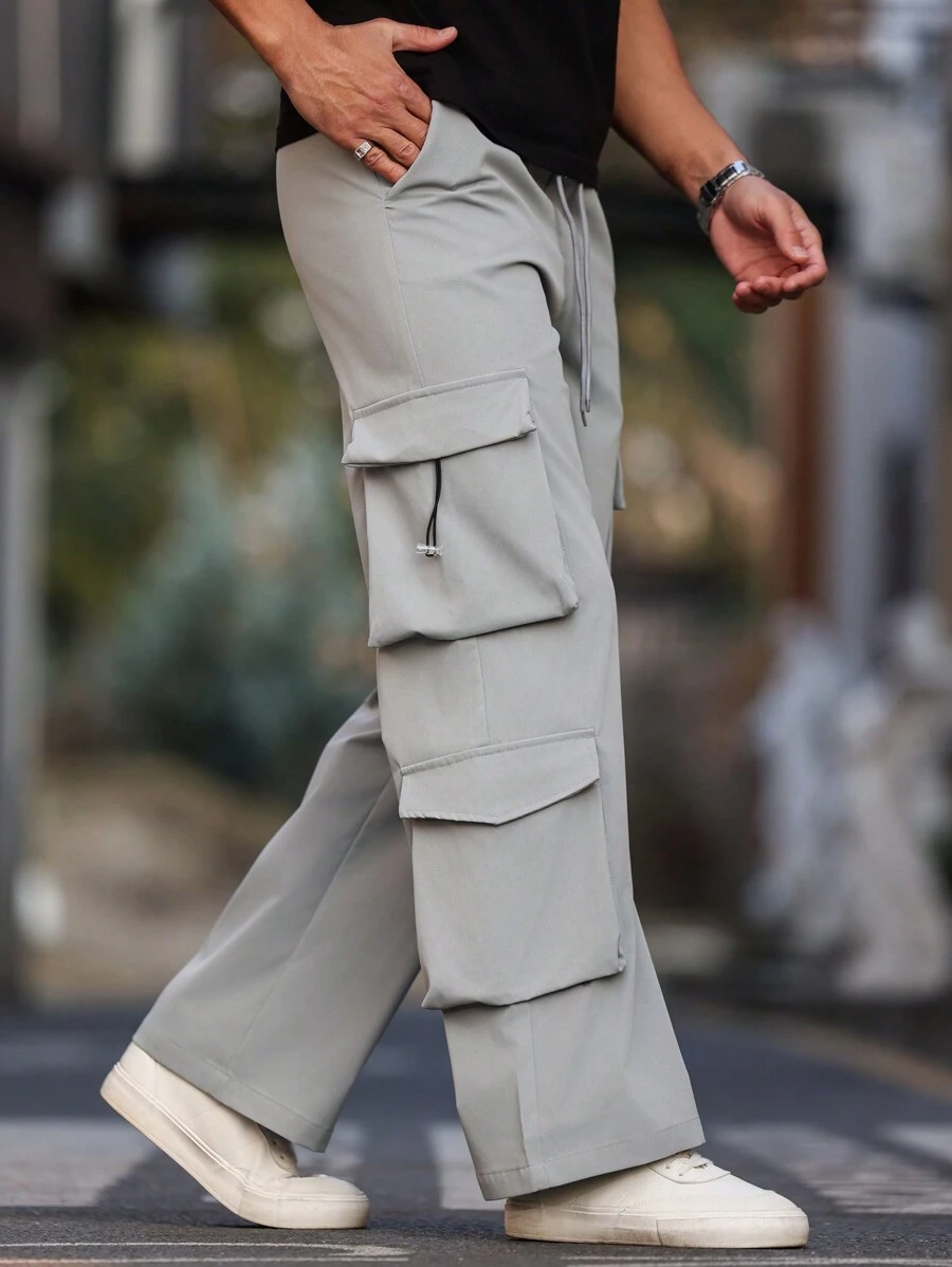Manfinity Homme Men's Solid Color Drawstring Waist Straight Leg Casual Multi-Pocket Cargo Pants - Grey - View 1