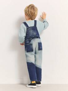 SHEIN Body y mono de mezclilla azul, blanca y naranja con patrón bordado y diseño de parchwork casual para niños pequeños - Azul - Ver 2