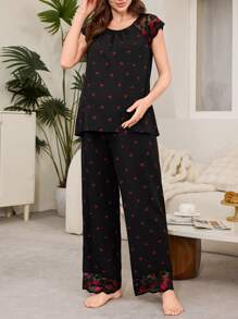 Moonlight&Mama 红色樱桃图案蕾丝拼接樱桃印花孕妇睡衣套装 - 上衣和裤子假日季节