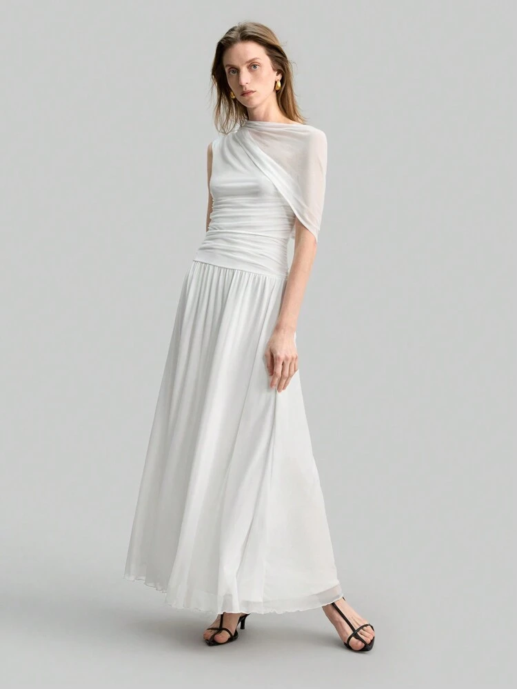 Women's White 90s Style Asymmetric Neck Mesh Patchwork Dress, Elegant