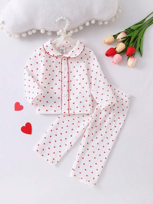 2pcs Baby Girl Casual Red Print On White Background Long Sleeve Top And Pants Loungewear Set