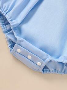 SHEIN Baby Boy Spring Summer  Simple Fashion Casual EverydayBlue Short Sleeve Small Lapel Dachshund Exquisite Embroidered Pattern Cute Baby Boy Bodysuit - Blue - View 7