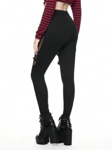 ROMWE Grunge Punk PUNK Style Mesh Patchwork Eyelet Strap Mid-Waist Leggings - Black - View 2