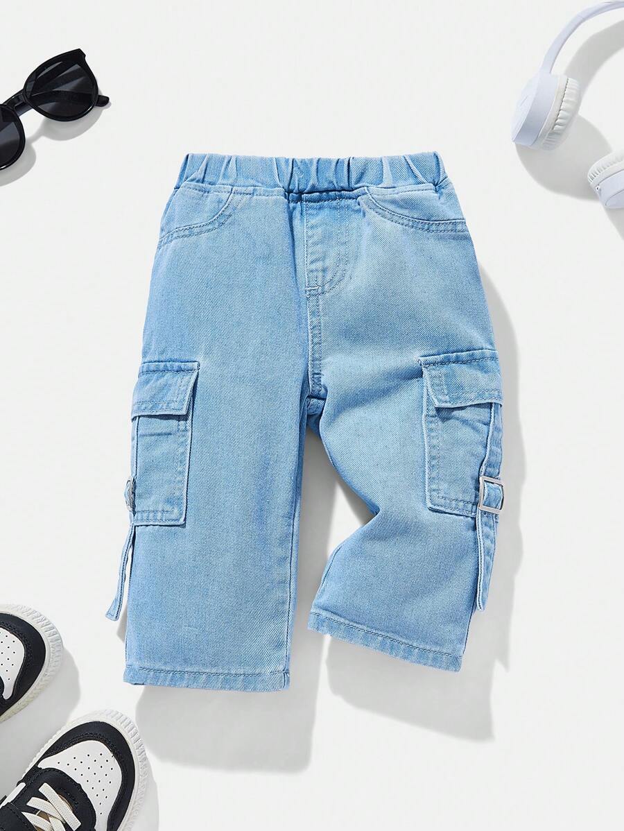 SHEIN Baby Boy Casual Soft Distressed Washed Black Cargo Pocket Loose Straight Leg Denim Jeans ,For Spring/Summer - Light Wash - View 1