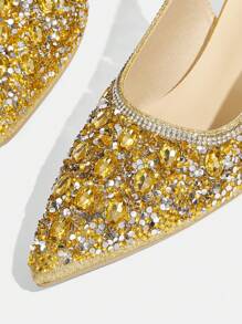 CUCCOO TILAWA Giày cao gót mũi nhọn đính đá pha lê lấp lánh cho nữ, thích hợp để đi chơi, dự tiệc, tiệc tùng và các sự kiện khác - Vàng - Xem 6