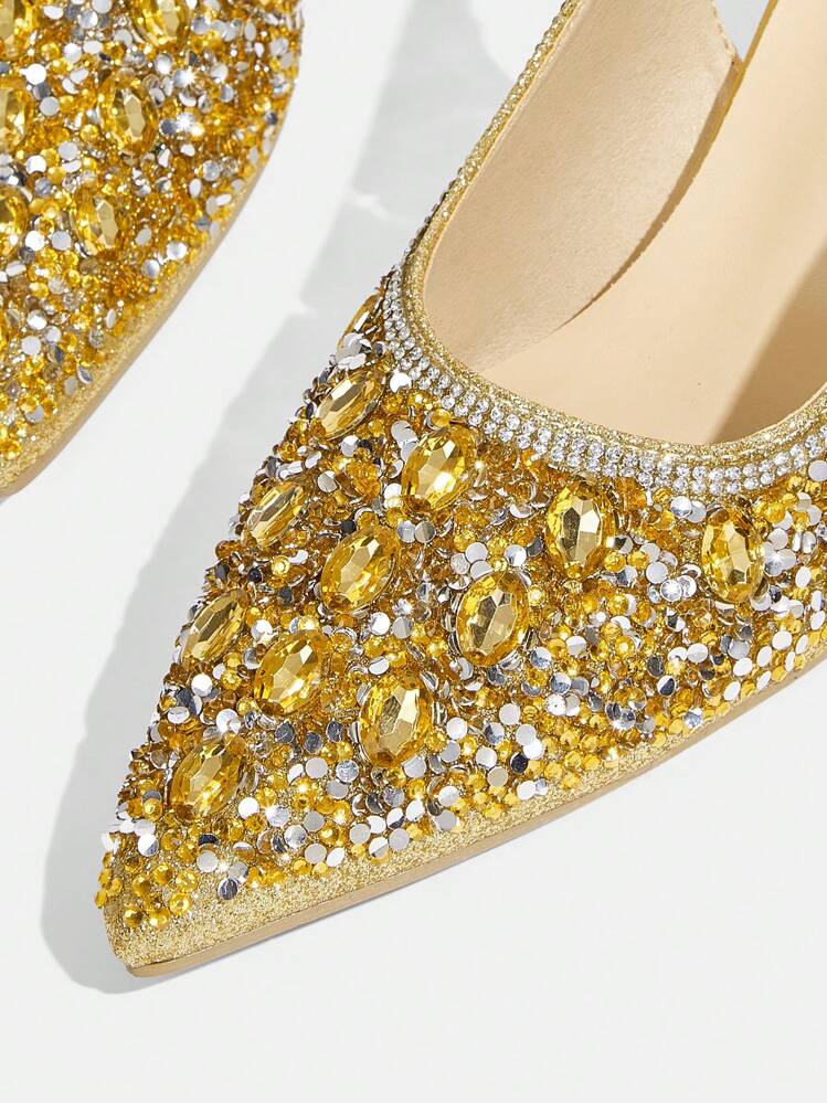 CUCCOO TILAWA Women's Crystal Heel Rhinestone Embellished Hollow-Out Black Pointed Toe Dress Pumps, Suitable For Going Out, Banquet, Party And Other Events For Christmas - Gold - View 6