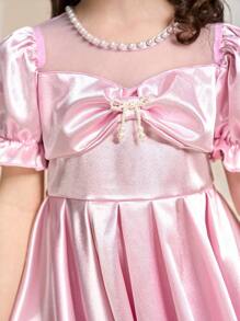 SHEIN Young Girl's Bubble Hem Princess Style Dress With Bow Decor, Pink, Mid-Length, Suitable For Outings, Gatherings, And Parties, Allows Little Girls To Become The Center Of Attention - Pink - View 5