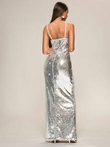 Glamine Vestido largo de tirantes finos con decoración de lentejuelas para mujer, corte slim - Plateado - Ver 2