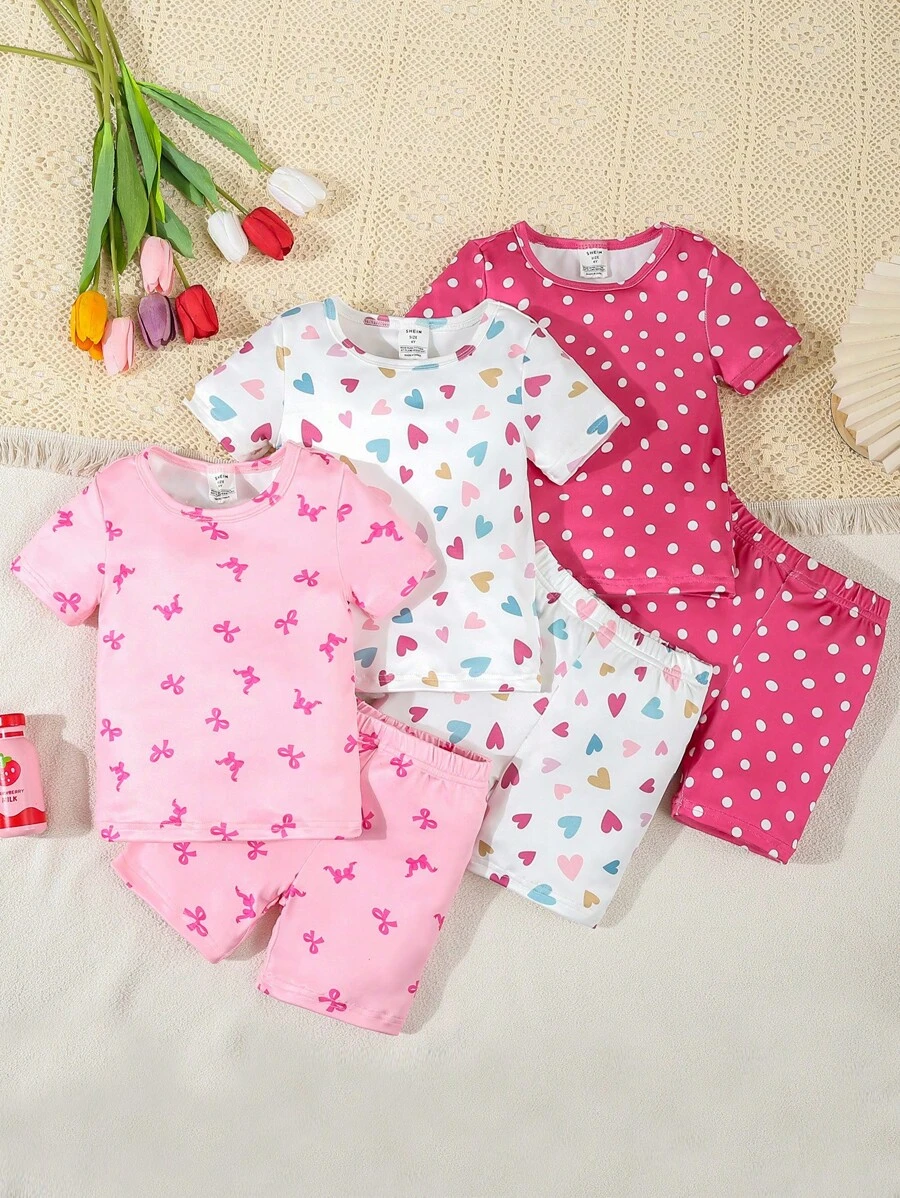 SHEIN 6 件套年轻女孩可爱粉色蝴蝶结、波尔卡圆点、心形印花休闲短袖短裤紧身睡衣 - 彩色 - 查看 1