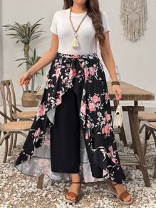 EMERY ROSE Plus Size Women Floral Print Patchwork Wide Leg Palazzo Pants - Black - View 1