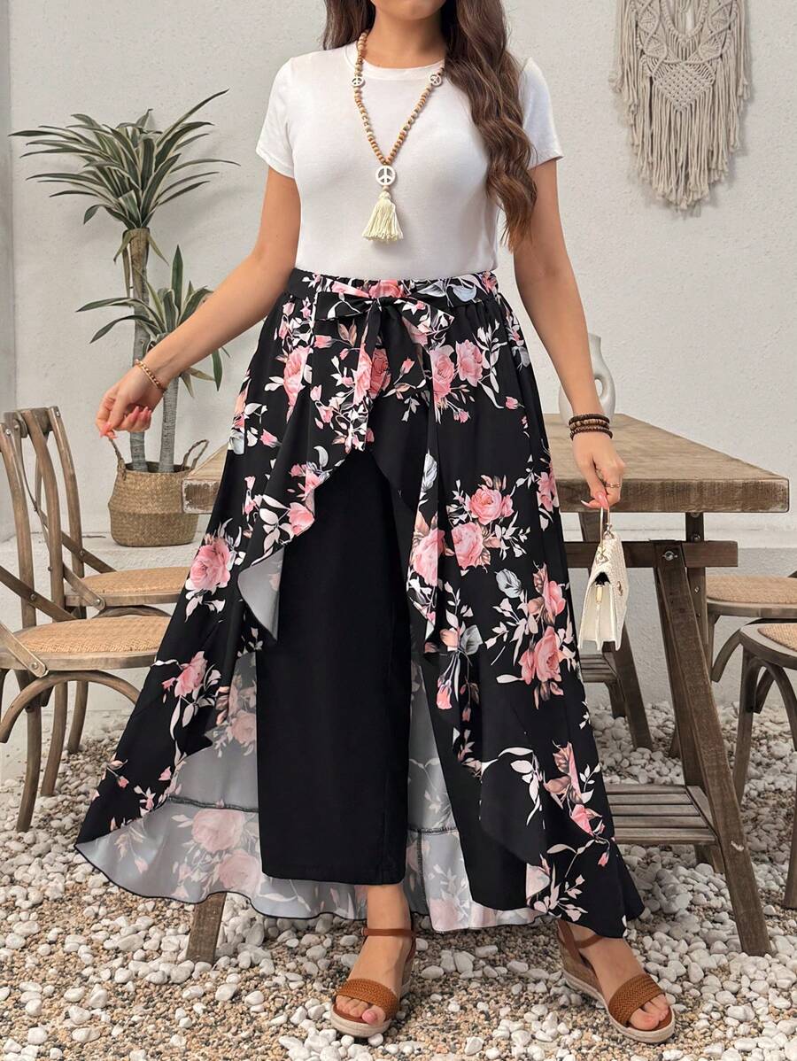 EMERY ROSE Plus Size Women Floral Print Patchwork Wide Leg Palazzo Pants - Black - View 1