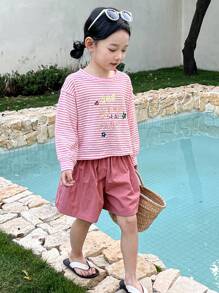 DAZY 2 件套年轻女孩休闲简约长袖上衣和短裤套装，日常穿着 - 粉色 - 查看 3