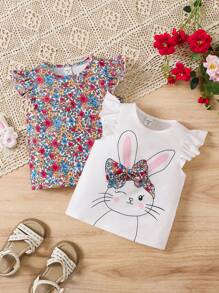 2pcs/Set Young Girls Ditsy Floral And Cute Rabbit Pattern Knit T-Shirt Set - White - View 1