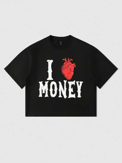 Street Life Oversized Men's Letter Loose Fit Short Style Printed T-Shirt