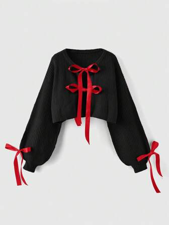 Kawaii Cardigan tricoté avec nœud décoratif, manches bouffantes, style doux et mignon pour les filles