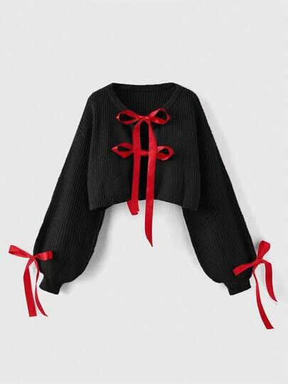 Kawaii Gentle And Cute Girly Style Bow Decor Ribbon Puff Sleeve Knitted Cardigan