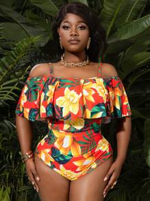 SHEIN Slayr CURVE Tropical Print Maxi Dress With Plus Size Ruffle Hem, Plus Size Summer