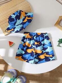 SHEIN Baby Boy Shark Print Drawstring Waist Beach Shorts - Multicolor - View 2