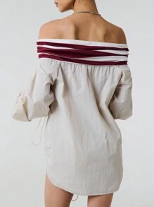 TypaGal Number Striped Print Panelling Drawstring Ruched Detail Off Shoulder Long Sleeve Nylon Shirt Top