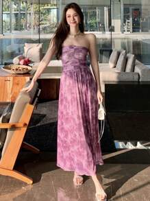 DAZY Women Floral Print Ruched Bandeau Midi Vacation Dress Summer Sundress