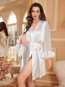 Côtesoire Áo choàng tắm bằng vải satin trang trí viền xếp nếp dành cho nữ, đồ sang trọng gợi cảm, mùa thu, mùa đông - trắng - Xem 3