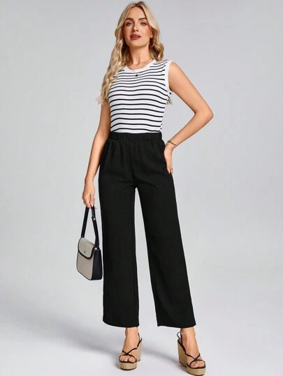 SHEIN LUNE Western Women Summer Clothes Solid Color Textured Elastic Waist Straight Leg Casual Pants