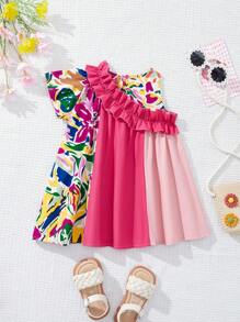 SHEIN Leap Crew Baby Girl Colorful Floral Print Ruffle Hem Sleeveless Casual Vacation Dress, Summer - Hot Pink - View 2