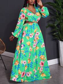 Slaydiva Plus Size Women's Green Floral Maxi Dress: Boho Style Woven Fabric With V Neck And Long Sleeves For A Flowing, Flared Silhouette - Green - View 5