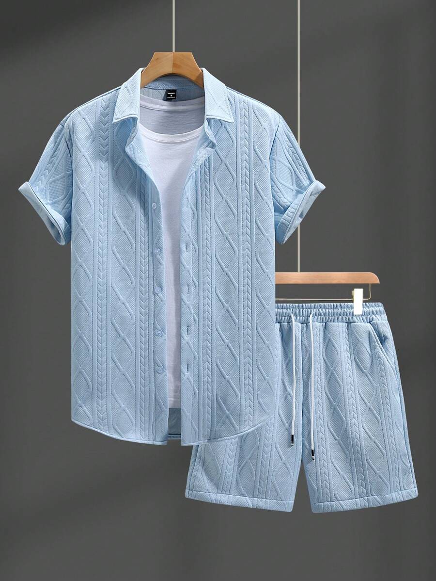 Manfinity Homme 男士度假休闲风，INS搭配时尚短袖衬衫和短裤套装，夏威夷海滩度假、音乐节和日常装扮，送给男朋友或老公的礼物。舒适的服装 - 藍色 - 查看 1