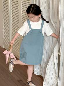 DAZY 适合年轻女孩的简约时尚休闲日常连衣裙，女孩夏季服装 - 藍色 - 查看 3
