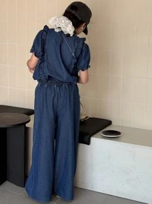 DAZY 2pcs/Set Tween Girl Denim Crew Neck Short Sleeve Top And Wide Leg Denim Pants Outfit, Fall - Blue - View 2