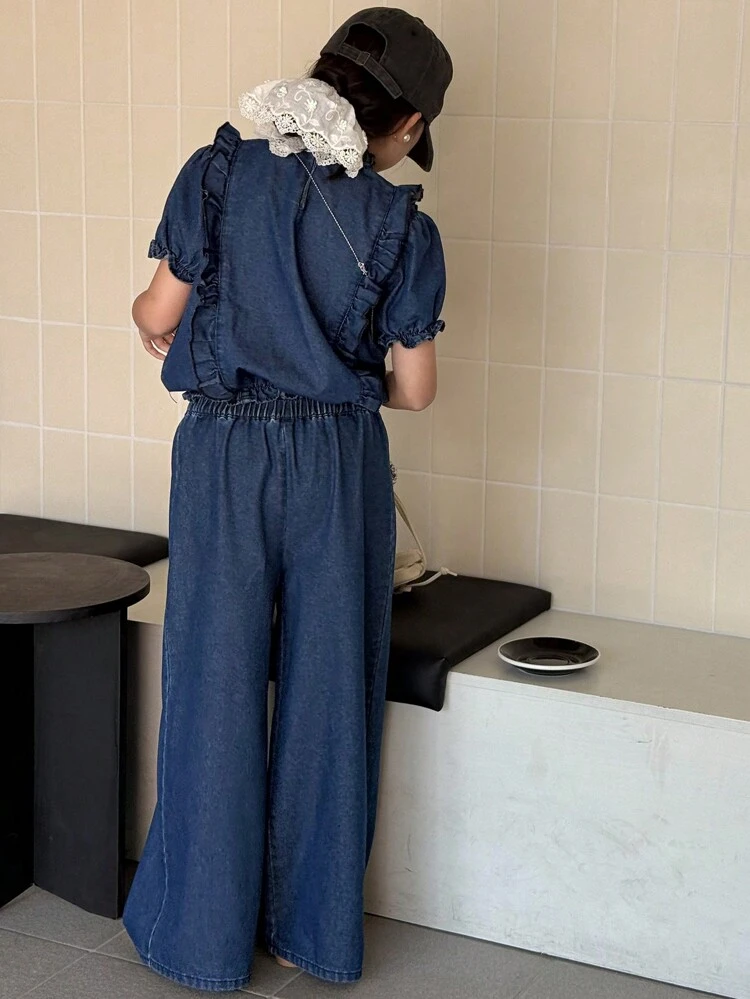 2pcs/Set Tween Girl Denim Crew Neck Short Sleeve Top And Wide Leg Denim Pants Outfit, Fall