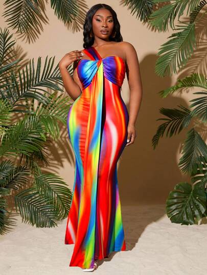 SHEIN SXY Plus Size Women Asymmetric One Shoulder Strap Tube Top Ruffle Mermaid Dress, Suitable For Everyday Wear, Beach Vacation, Date Night, Birthday, Bachelorette Party Outfit, Cute, Casual, Shopping, Streetwear, Going Out, Easy To Match & Looks Slim, Accent Your Body, Flatter The Figure