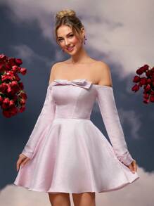 SHEIN Belle Elegante y romántico vestido formal rosa pastel con lazo de tela brillante y mangas largas fuera del hombro, para fiesta de graduación, fiesta de cumpleaños, Día de San Valentín, baile de graduación, vestido de invitado a boda