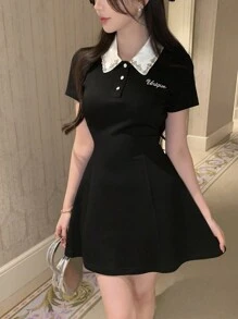 DAZY 女式法式高端彼得潘领 Polo 衫，短袖束腰小黑迷你连衣裙 - 黑色 - 查看 8