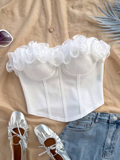 Soleia Top ajustado con volantes sin tirantes romántico y sexy, adecuado para vacaciones, fiestas, citas, San Valentín, tarde de té