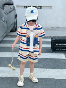 SHEIN 2 Pieces Set Of Young Boy Leisure Academy, Comfortable, Fashionable, Simple, Practical, Versatile, Japanese And Korean Loose Fit, Cute, Soft And Comfortable. The Striped Belt With Cartoon Bear Cute Pattern Is Breathable And Comfortable. The Short Sleeved Shorts Are Suitable For Daily Use, Suitable For School, Suitable For Travel, Suitable For Sports, Suitable For Spring And Summer Seasons