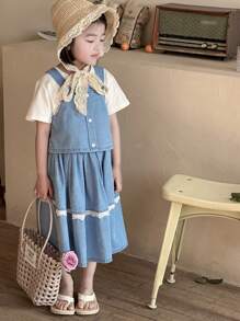 DAZY Young Girl Solid Color Patchwork Wide Strap Button Decor Minimalist Top And Denim Skirt Matching Set,Girls Summer Outfits - Blue - View 5